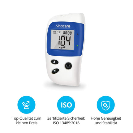 sinocare blood glucose meter, glucose meter with blood glucose test strips 50, pain-free &amp; fast, low sample volume - mg/dL (Safe-Accu2 blood glucose meter 50 set)