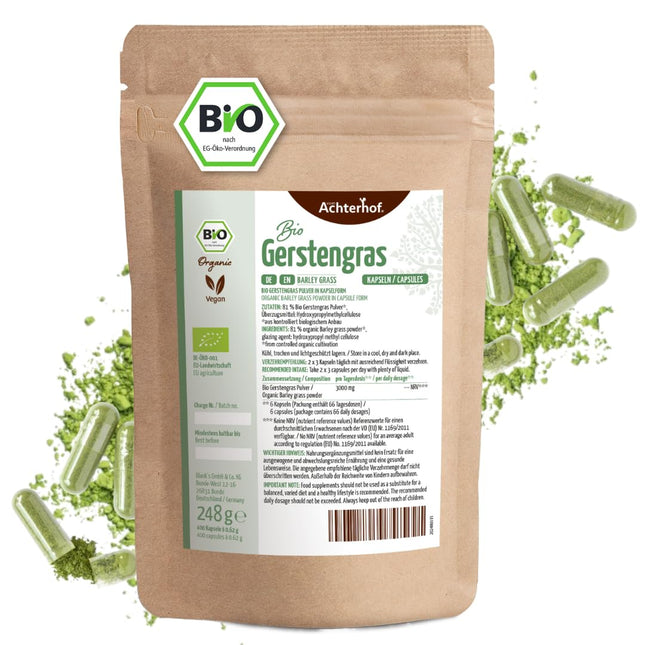 Barley Grass Capsules Organic Refill Pack 400 Capsules | 3000 mg per daily dose | Finely ground barley grass in capsule format | From controlled organic cultivation | No additives | From Achterhof