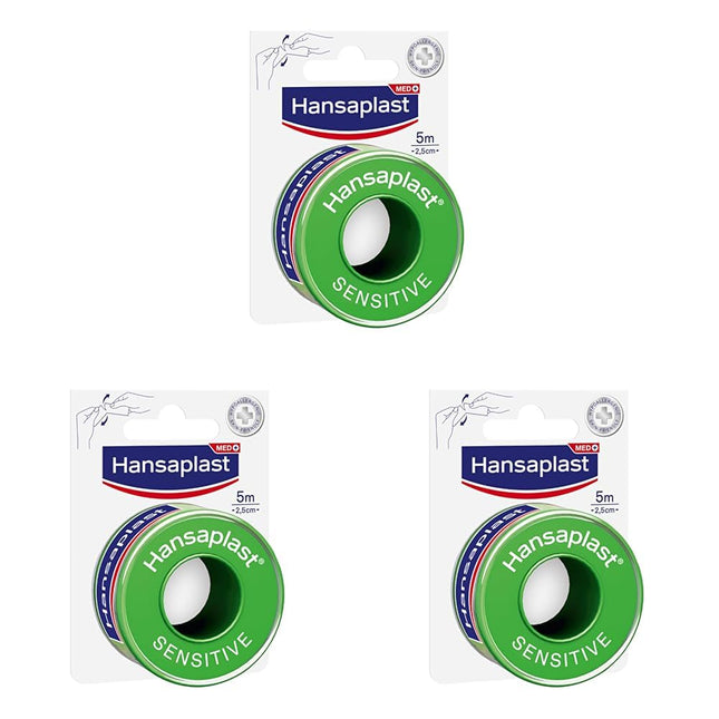 Hansaplast Fixation Plaster Sensitive (5 m x 2.5 cm), hypoallergenic tape for skin-friendly fixation of wound dressings, adhesive plaster roll with strong adhesive strength (pack of 3)