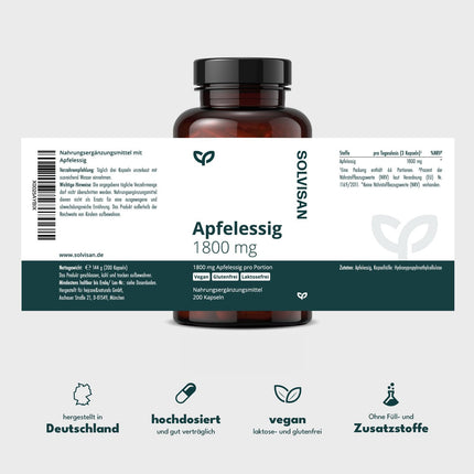 SOLVISAN - Apple Cider Vinegar Capsules - 1,800 mg per daily dose - 200 Capsules - Produced in Germany - Vegan, laboratory-tested, and without additives