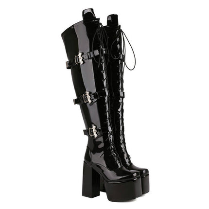 GBBRZKTB High Heels Women's Overknee Boots Platform Chunky Heel Zipper Buckle Lace-up High Boots Party Shoes 12cm, Bright black-36