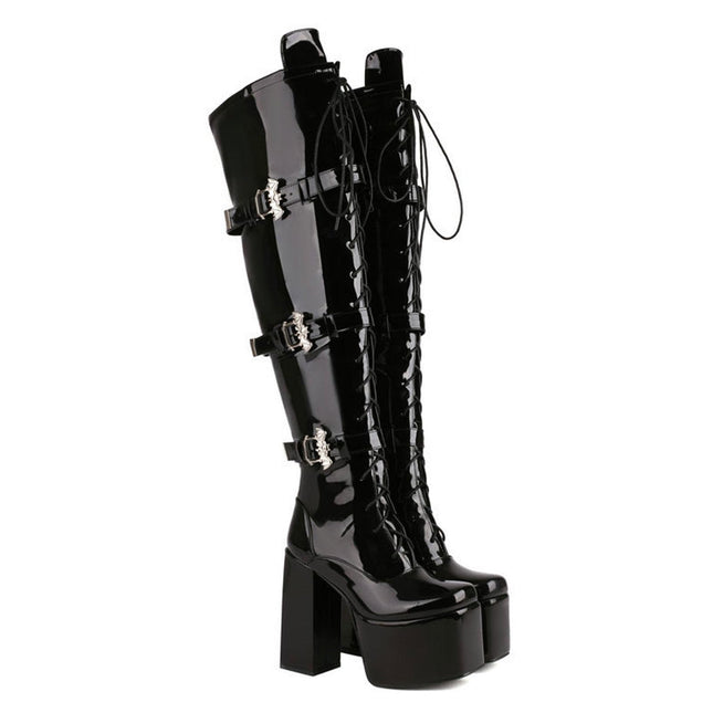 GBBRZKTB High Heels Women's Overknee Boots Platform Chunky Heel Zipper Buckle Lace-up High Boots Party Shoes 12cm, Bright black-36