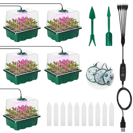 HIULLEN 5 PCS Indoor Greenhouse Propagator with Plant Lamp, Mini Greenhouse Propagation Set with Timer Control, 12 Hole Seedling Starter Trays Greenhouse Propagation Tray