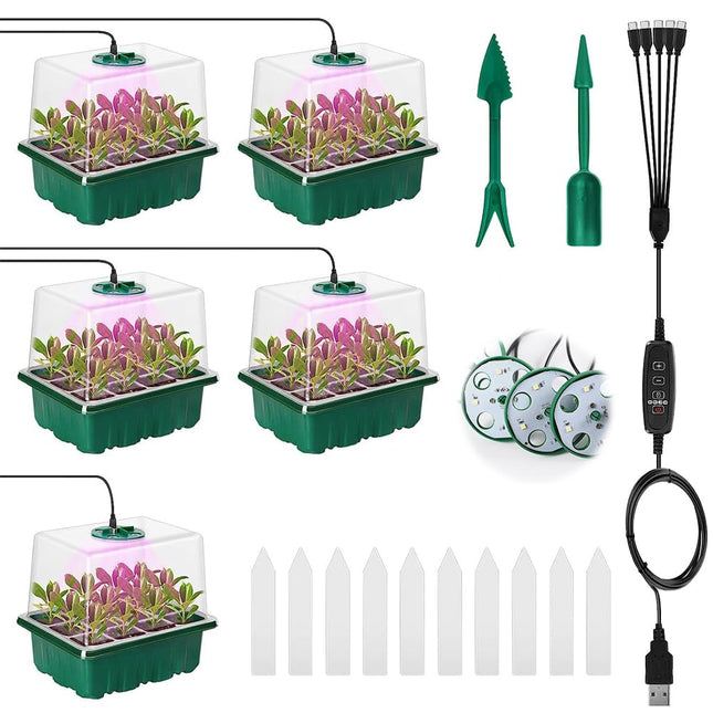 HIULLEN 5 PCS Indoor Greenhouse Propagator with Plant Lamp, Mini Greenhouse Propagation Set with Timer Control, 12 Hole Seedling Starter Trays Greenhouse Propagation Tray