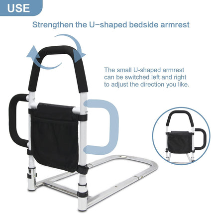 Kaucytue Bed Riser, Bed Rail Fall Protection for Adults with 2 Handrails &amp; Storage Bag, Portable Adjustable Bed Entry Aid, Grab Bars for Seniors, Safe and Stable