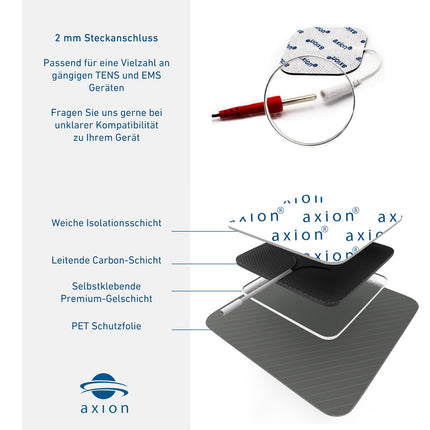16 TENS EMS electrode pads 5x5 cm, reusable adhesive electrodes for TENS devices &amp; EMS trainers, excellent adhesive conductivity, 2mm plug connection - certified medical device - axion®