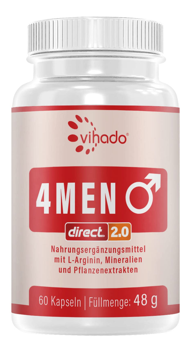 Vihado 4MEN direct 2.0 - Men's Capsules Extra Strength - IMMEDIATE high-dose formula - with L-Arginine, Maca, Tribulus Terrestris, Ginseng, 60 Capsules