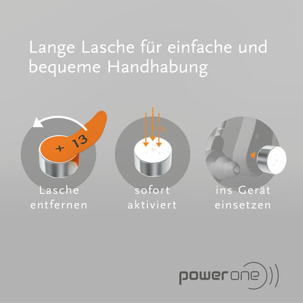 Power one hearing aid batteries type 13 orange, 60 batteries, storage pack, wireless approved, size p13 for hearing aids and hearing aids, high hearing level, mercury-free, Made in Germany