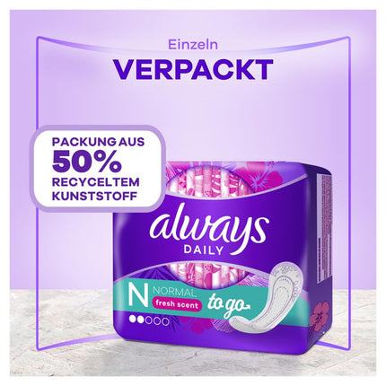 Always Daily Panty Liners for Women, Normal To Go Fresh (20 Pads) with fresh fragrance, flexible &amp; comfortable, breathable