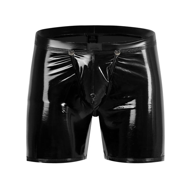 Bodywear4you Men's Leather Boxer Shorts with Shiny Patent Leather Look, Wetlook Sexy Underwear, Clubwear Jockstraps with Open Crotch Ouvert Shorts Long Pants (Black, XXL)
