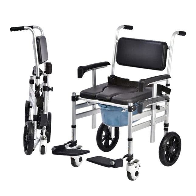 Generic Folding, padded bedside commode wheelchair for elderly and disabled people, Adjustable commode chair with wheels, fold-up armrests and fold-up footrest