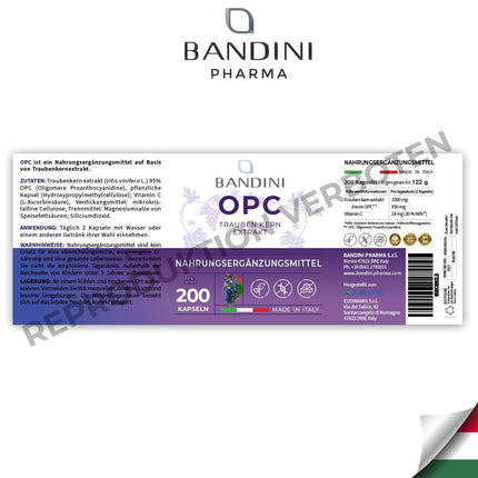 Bandini® Grape Seed Extract 200 Capsules for 3 Months | Highly Dosed with 95% OPC per Capsule | Highest Content According to HPLC | From Italian Grapes | 1052mg Extract with 999.4mg OPC + 24mg Vitamin C