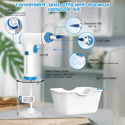 Earwax Remover, Electric Ear Cleaning Set, 4 Cleaning Mode Settings, Rechargeable Ear Cleaner, Safe, Effective Ear Cleaner, With 9+1 Ear Tips and Water Catcher Basin
