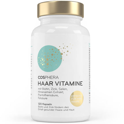 Cosphera Hair Vitamins - Highly concentrated with biotin, selenium, and zinc to help maintain normal hair. Plus folic acid and millet seed extract (rich in silicon) - 120 vegan capsules in a 2-month supply.