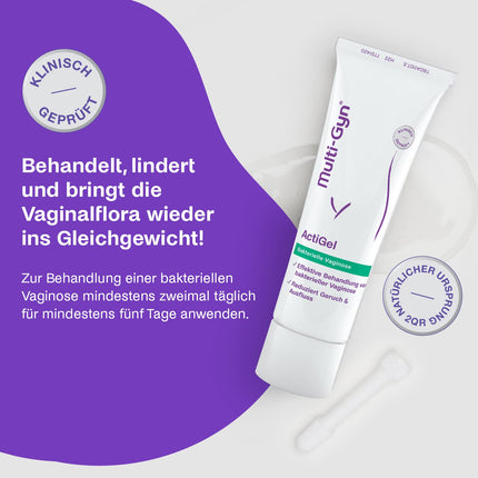 Multi-Gyn ActiGel - for the treatment and prevention of bacterial vaginosis. Tube with 50 ml gel for approximately 25 applications in the intimate area and in the vagina.