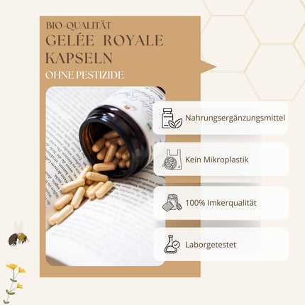 bedrop Royal Jelly Capsules Organic Quality 60 Capsules - 1 capsule = 980 mg pure Royal Jelly, 10-HDA content &lt;4.8% - Royal Jelly rich in polyphenols &amp; flavonoids