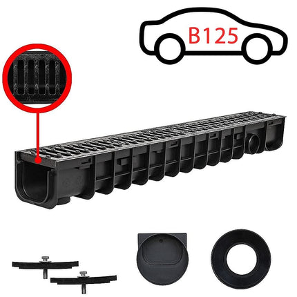Melko drainage channel B125, 1 meter, cast iron grate - suitable for DN75 and including adapter for DN110