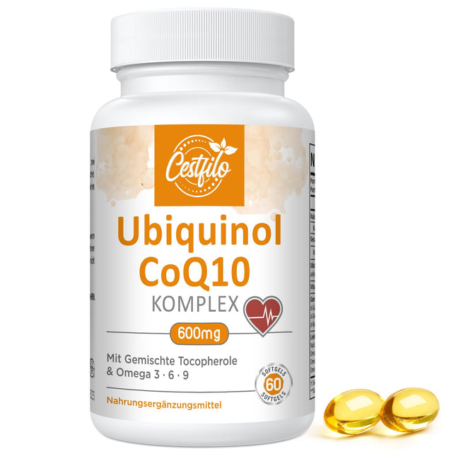 Ubiquinol CoQ10 600 mg Softgel Capsules - Active Form of CoQ10 Plus Vitamin E &amp; Omega 3, 6, 9 - Advanced Coenzyme Q10 60 Capsules (1 Pack)