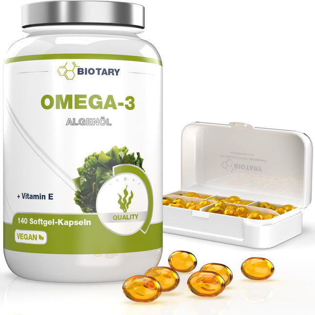 Omega 3 Vegan from Algae Oil 140 Softgel Capsules | 600 DHA &amp; 300 EPA + Vitamin E per daily dose | Approx. 3-month supply, including pill box | Laboratory-tested | High bioavailability
