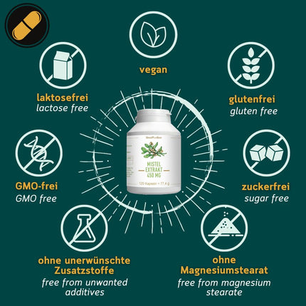 Mistletoe extract 450 mg capsules | vegan &amp; 100% natural | high dosage | 120 capsules | Made in Germany