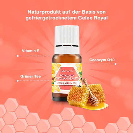 Verihealth Women Beauty - Royal Jelly with Vitamin E - 20 vials - Ideal for maintaining female hormones - Leofilizada provides energy with green tea and Q10