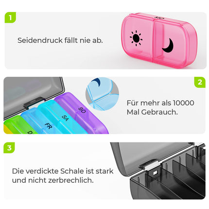 AUVON 7-day morning/evening pill box, 2 compartments, handy and moisture-resistant medication box for your handbag or pocket to store medications (rainbow)
