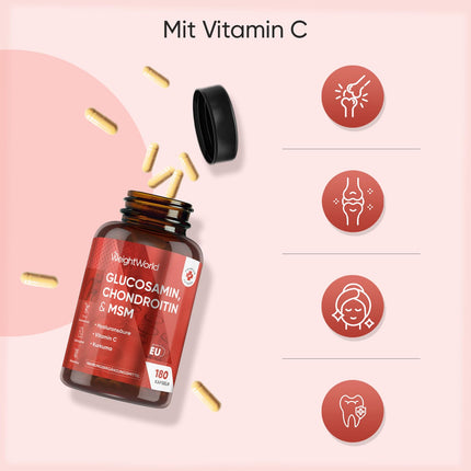 Glucosamine Chondroitin &amp; MSM - 180 Capsules - Vitamin C contributes to normal collagen formation for bone and cartilage function (EFSA) - With Turmeric &amp; Hyaluronic Acid - WeightWorld
