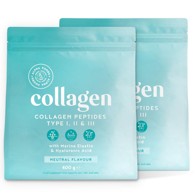 Collagen Powder [2x 400g] | Premium Collagen Hydrolysate | Peptides Types 1, 2 &amp; 3 | High-Dose Collagen Powder with Hyaluronic Acid and Elastin | Tasteless | Made in Germany | Alpha Foods