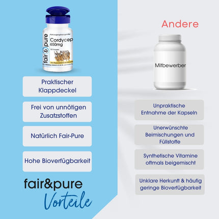 Fair &amp; Pure® - Cordyceps 650mg - 120 Capsules - Cordyceps Sinensis - without magnesium stearate - vegan