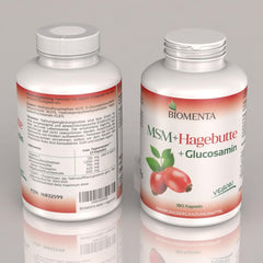 BIOMENTA MSM + Rosehip + Glucosamine – 180 allergen-free capsules with a high dose of 1,200 mg organic sulfur powder + 794 mg glucosamine sulfate + 300 mg rosehip extract per day – vegan – premium quality