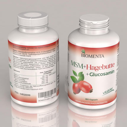 BIOMENTA MSM + Rosehip + Glucosamine – 180 allergen-free capsules with a high dose of 1,200 mg organic sulfur powder + 794 mg glucosamine sulfate + 300 mg rosehip extract per day – vegan – premium quality