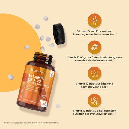 Vitamin D3 K2 2000 IU - 2 Year Supply - 365 Tablets with 200μg Vit K2 - 98.8% All-Trans MK-7 - 1 Tablet every 2 days - Alternative to Vitamin Drops - Vegan Source (Lichen) - WeightWorld