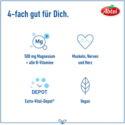 Abtei Magnesium 500 Plus Extra Vital Depot – high dosage – with all B vitamins – for muscles, nerves, and heart – vegan – 42 tablets