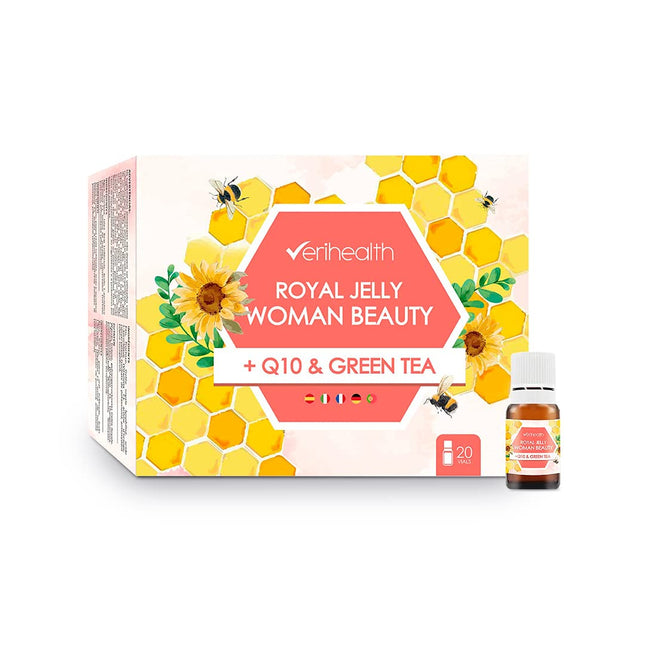 Verihealth Women Beauty - Royal Jelly with Vitamin E - 20 vials - Ideal for maintaining female hormones - Leofilizada provides energy with green tea and Q10