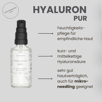 Pure hyaluronic serum, high dosage, vegan, suitable for dermaroller, alcohol-free, sensitive skin, 50 ml glass bottle, pure oils, Hyaluron Pur No20