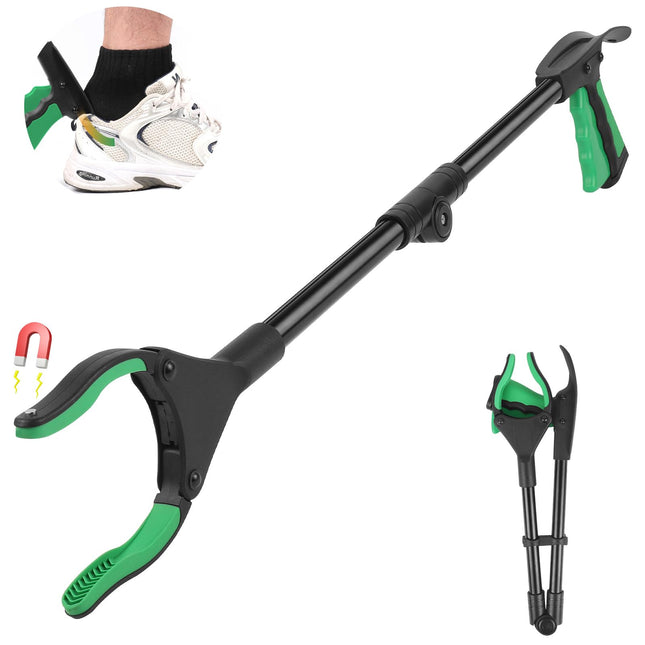 Grabber for Seniors, Apritsce Foldable Grabber, 81 cm Long Rotatable Garbage Tongs with Magnet and Shoehorn, Grabber Arm for Garbage Collection (Green)