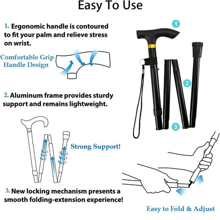 Folding aluminum walking stick, portable walking stick, hiking sticks, foldable walking stick 4 sections aluminum alloy walking stick for hiking camping mountaineering trekking (black)