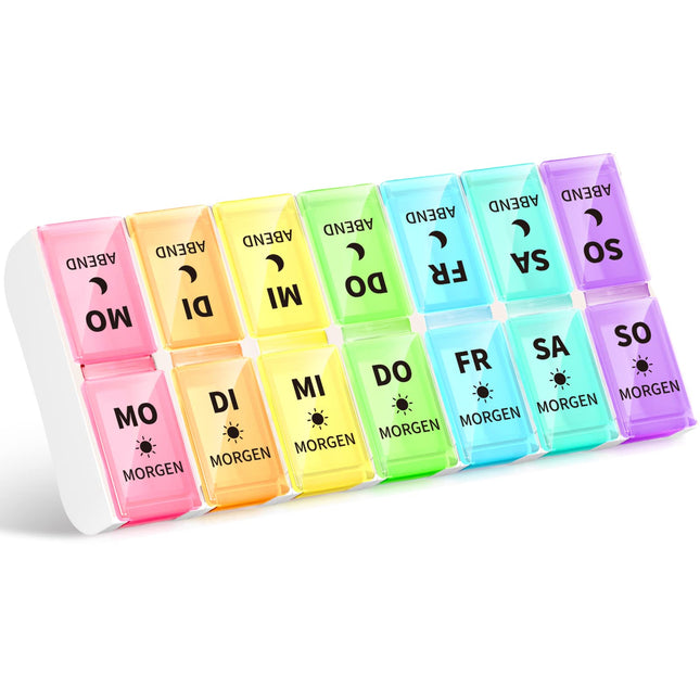 Opret German pill box 7 days 2 compartments morning evening, removable pill box, pill box medication box 7 days tablets weekly box pill box pill box 14 compartments