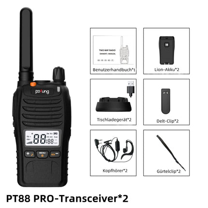 pofung PT88 PRO Professional License-Free PMR446 Portable Rechargeable Walkie Talkie, 16 Channels, LED Screen, Flashing Alarm, TOT, CTCSS/DCS, VOX and USB (Camping, Adventure) (2 Pack)