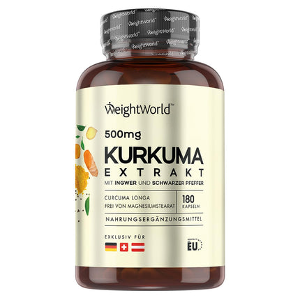 Turmeric Extract Capsules - 500mg Turmeric Extract - 180 Capsules for 6 Months - Curcumin with 20mg Ginger &amp; 600mg Black Pepper - 1 Capsule Daily - Curcumin - WeightWorld