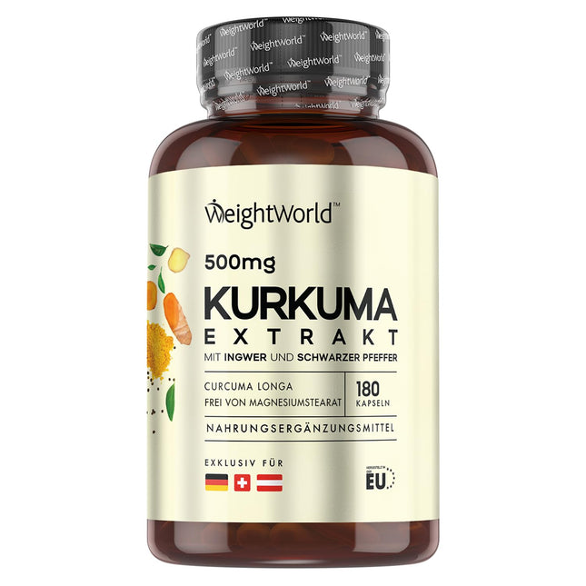 Turmeric Extract Capsules - 500mg Turmeric Extract - 180 Capsules for 6 Months - Curcumin with 20mg Ginger &amp; 600mg Black Pepper - 1 Capsule Daily - Curcumin - WeightWorld