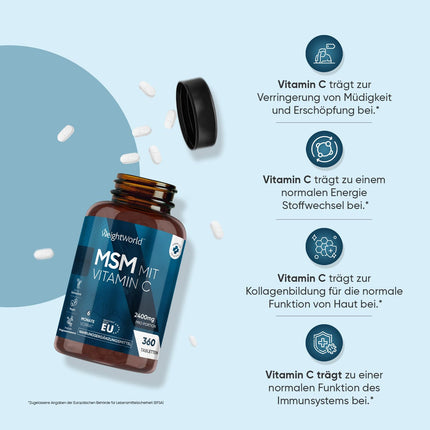 MSM 2400mg with 100mg Vitamin C - 360 vegan tablets for a 6-month supply - Methylsulfonylmethane &amp; Vit C - Alternative to capsules &amp; powder - Gluten-free &amp; free from magnesium stearate - WeightWorld