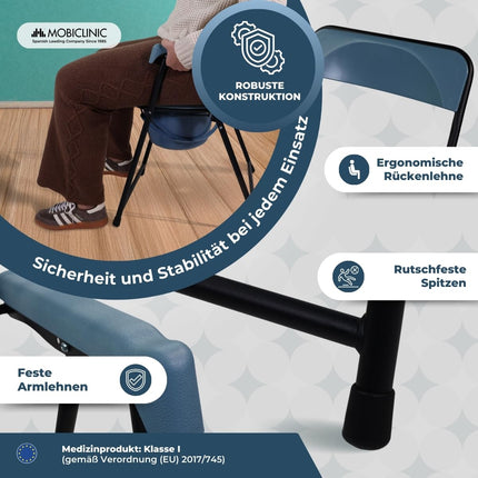 Mobiclinic®, Commode chair for seniors, European brand, Foldable toilet seat, Ergonomic with armrests, Bucket lid, Resistant, Up to 100 kg, Model timón