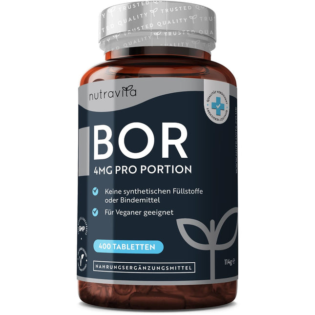 Boron - 4mg Pure Boron per tablet - 400 tablets - 13-month supply - Laboratory tested - No unwanted additives - High dosage - Vegan-friendly - Manufactured by Nutravita