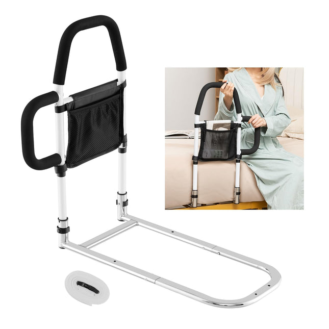 COSTWAY Bed Rail, Bed Rail for Adults, Bedside Guard with 2 Handrails &amp; Bag &amp; Fastening Strap, up to 136 kg, Side Protection, Bed Handle, Bed Railing, Protective Railing for Elderly Pregnant Women, Silver