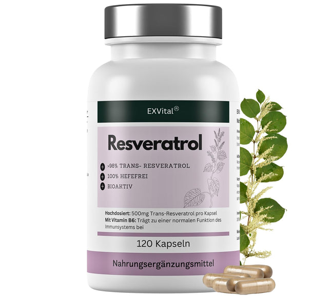 EXVital® Resveratrol Capsules, 98% Trans-Resveratrol, 500mg per capsule, 120 vegan capsules, vegan &amp; without additives, laboratory tested
