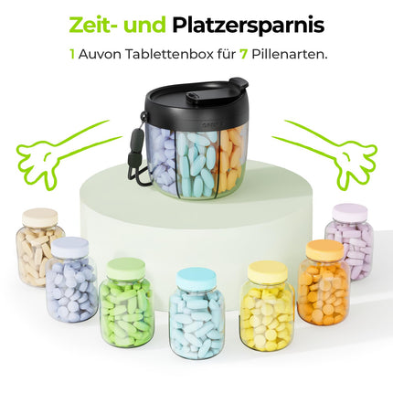 AUVON 7-day pill box, round medication box with 7 large compartments and a wide opening for easy use, portable pill box for on the go, vitamins, fish oil, medications, dietary supplements