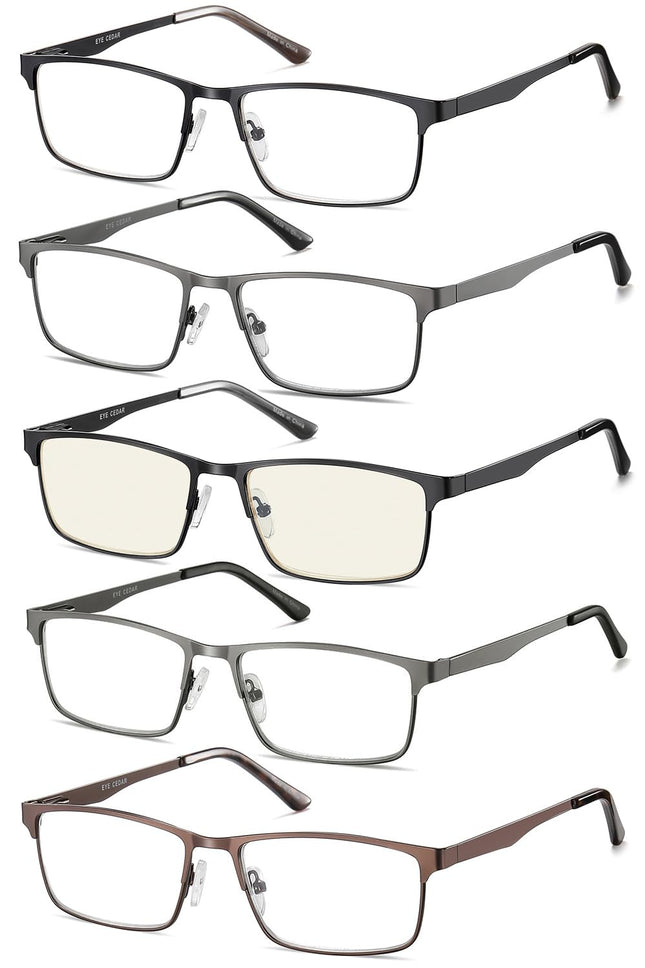 EYECEDAR Amcedar 5 pieces reading glasses men rectangle frame metal gray stainless steel material spring hinges included computer reading glasses 2.00