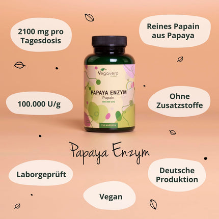 Papaya Enzyme Vegavero® | High dosage: 2,100 mg pure papain per daily dose | High enzyme activity: 100,000 units/g | Naturally from the fruit | 120 capsules | Vegan &amp; no additives