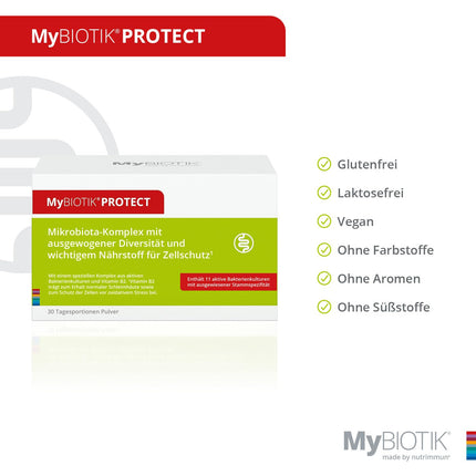 MyBIOTIK®PROTECT I made by nutrimmun I For 30 days I 11 active bacterial cultures I Proven strain specificity I Vitamin B2 I Powder I Vegan I Gluten-free I Lactose-free I Laboratory-tested